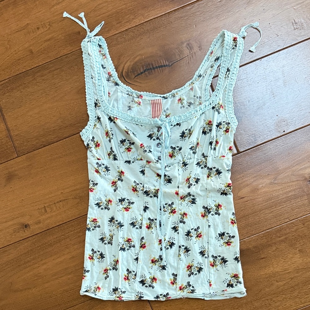 Free People Floral Camisole with Lace Trim - Light Blue